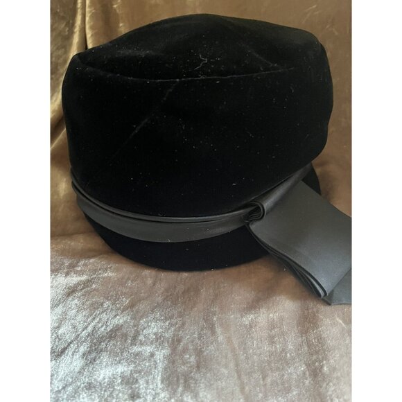 Vintage 1960s Wesco Black Velvet Wide Brim Boater Hat Medium Vintage Black Velvet Bucket Hat 1960s, 22 inch head  main image 4